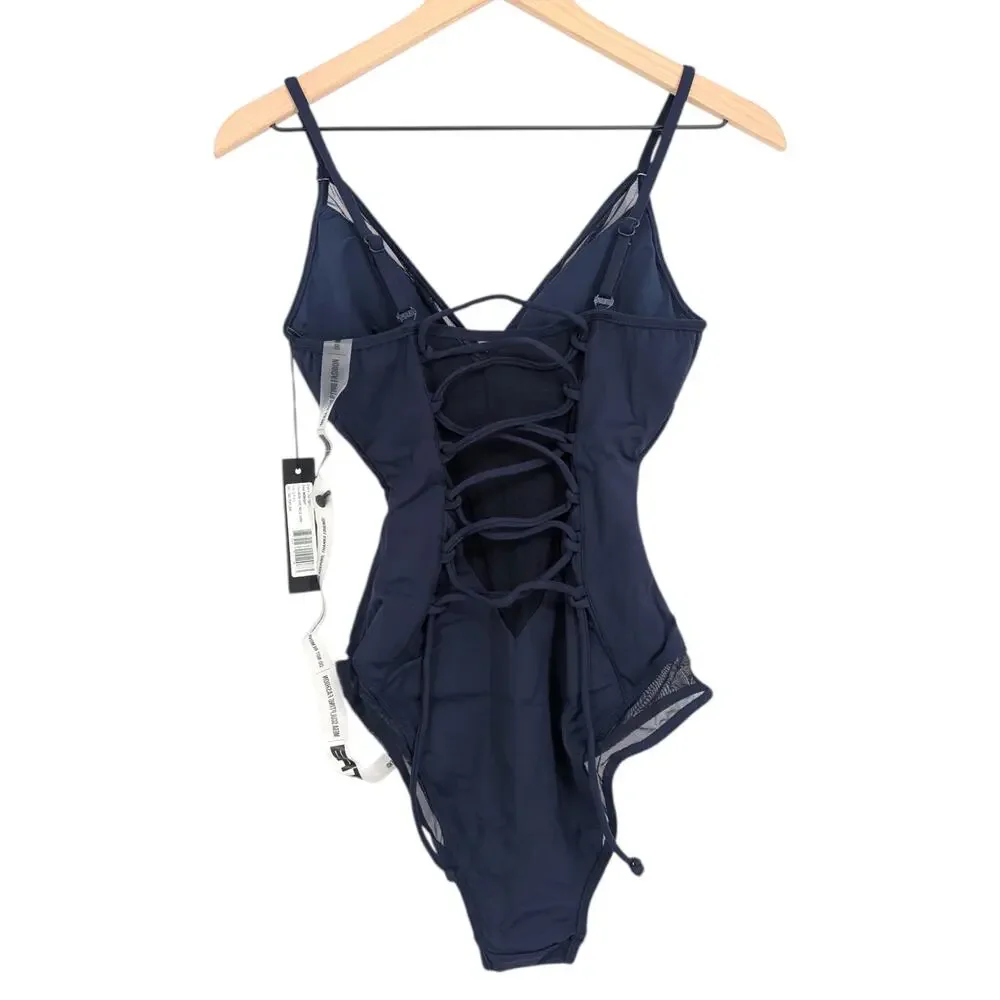 TA3 Midnight Plunge Mesh Contour Lace Up One Piece NWT Small X Long